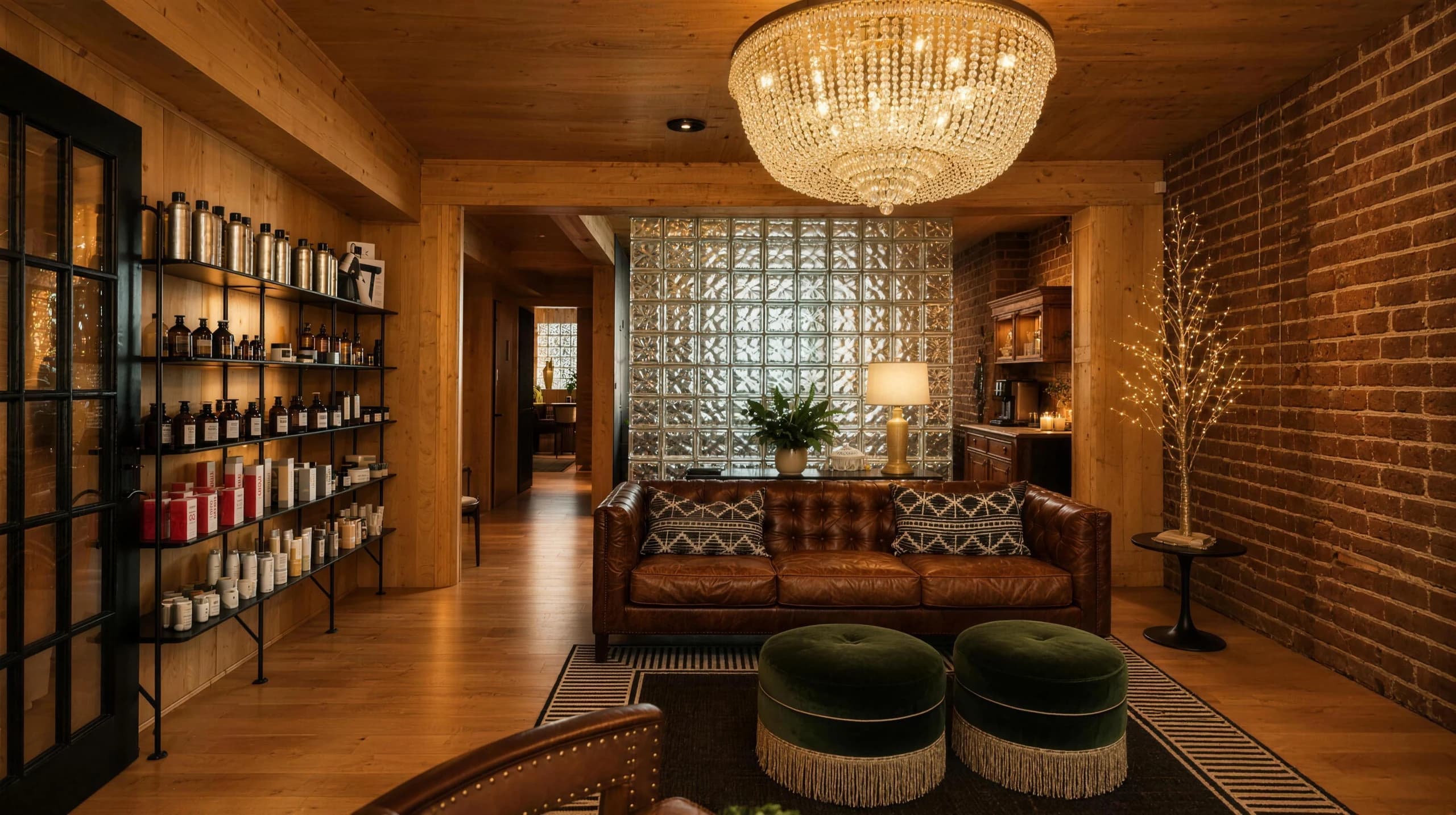 The lounge: a leather Chesterfield sofa and two green ottomans under a crystal chandelier, product shelves on the left, a brick wall on the right, a glass-block wall and a small coffee bar beyond